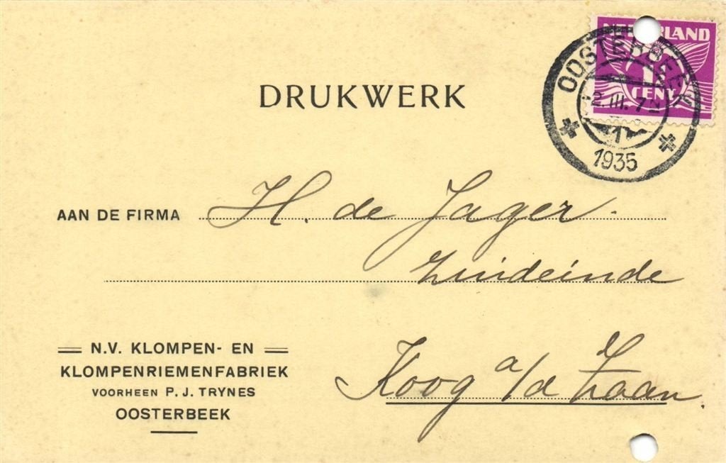 NV Klompen- en Klompenriemenfabriek, Oosterbeek - 03.1935 -, Postzegels en Munten, Brieven en Enveloppen | Nederland, Ophalen of Verzenden