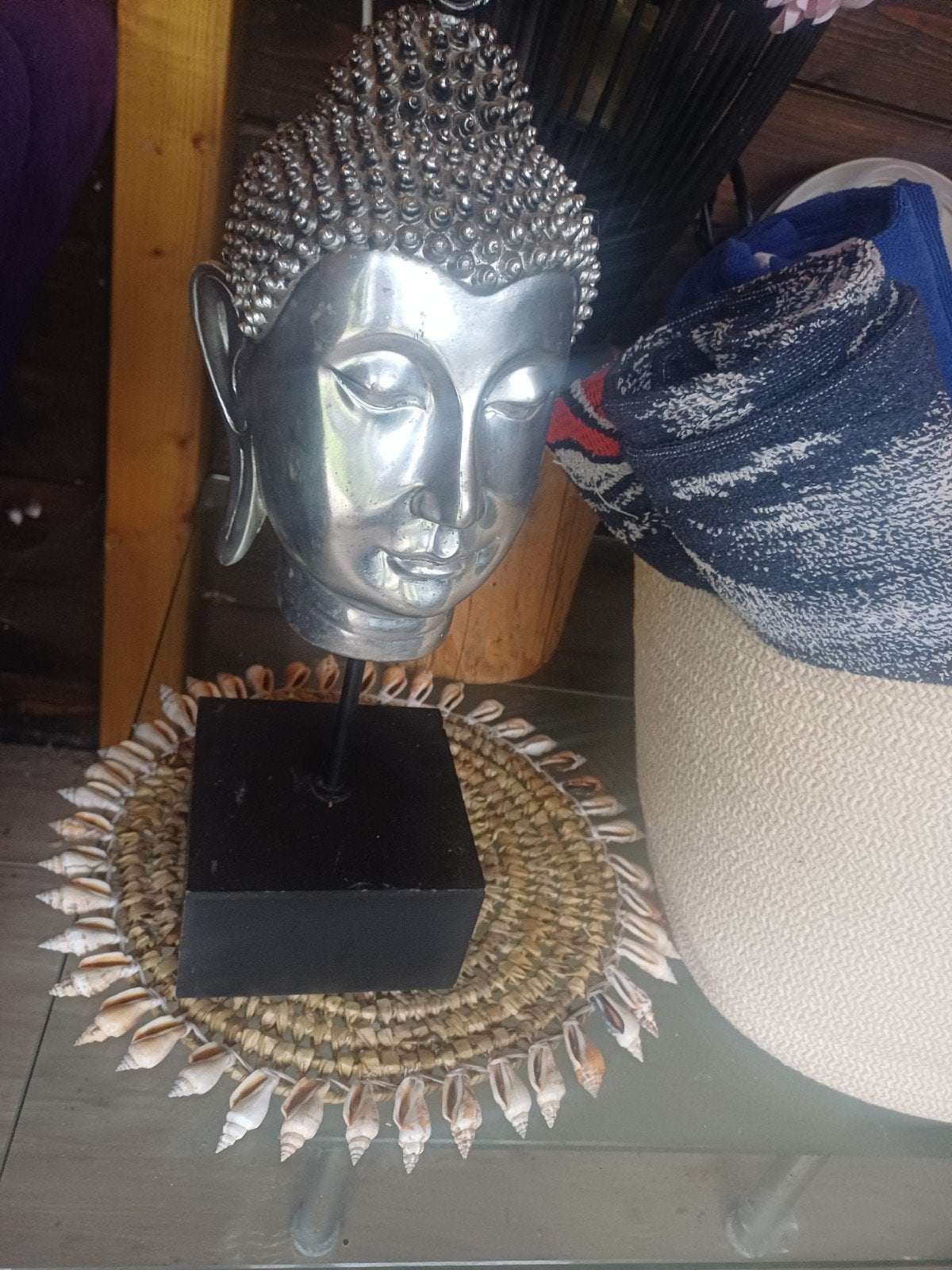 Zwaar Zilverkleurig bronze Boeddha Hoofd Decoratiebeeld, Ophalen of Verzenden, Zo goed als nieuw