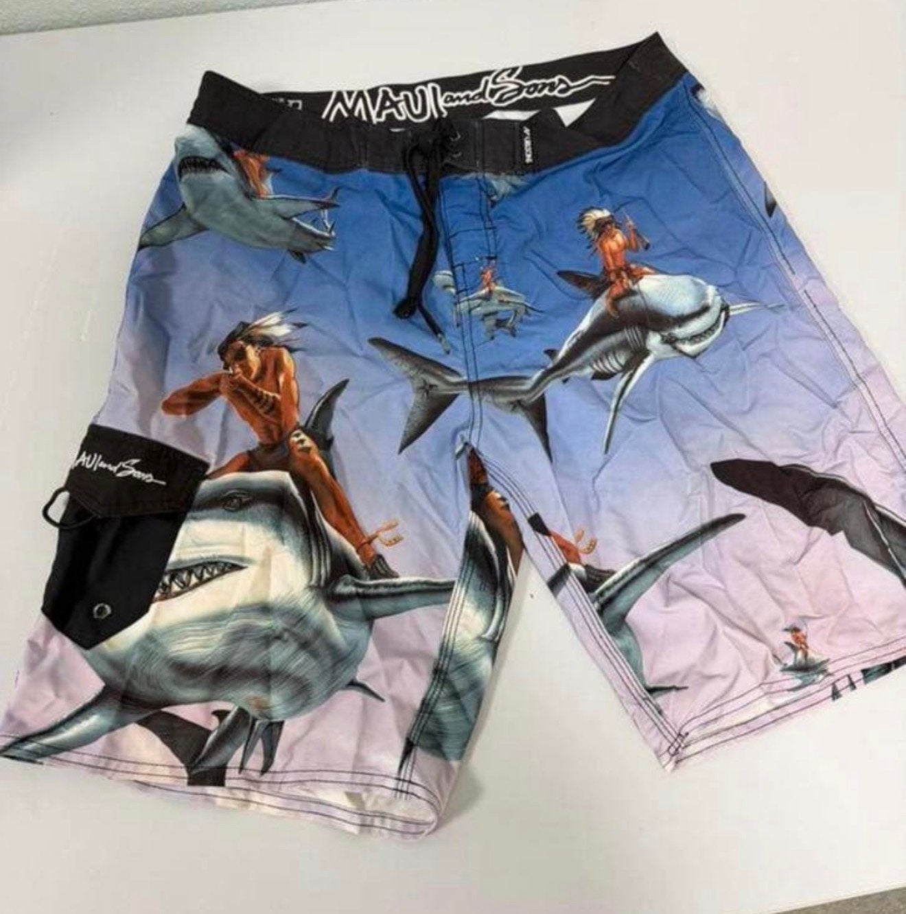 Maui and Sons Boardshort Zwembroek Shark Print vintage L XL, Kleding | Heren, Blauw, Maat 56/58 (XL), Ophalen of Verzenden, H