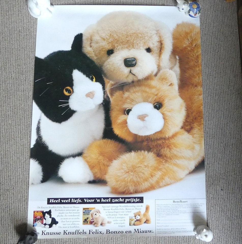 Vintage poster knuffeldieren Bonzo Felix knuffels 1992, Verzamelen, Rechthoekig Staand, Ophalen of Verzenden, Zo goed als nieuw