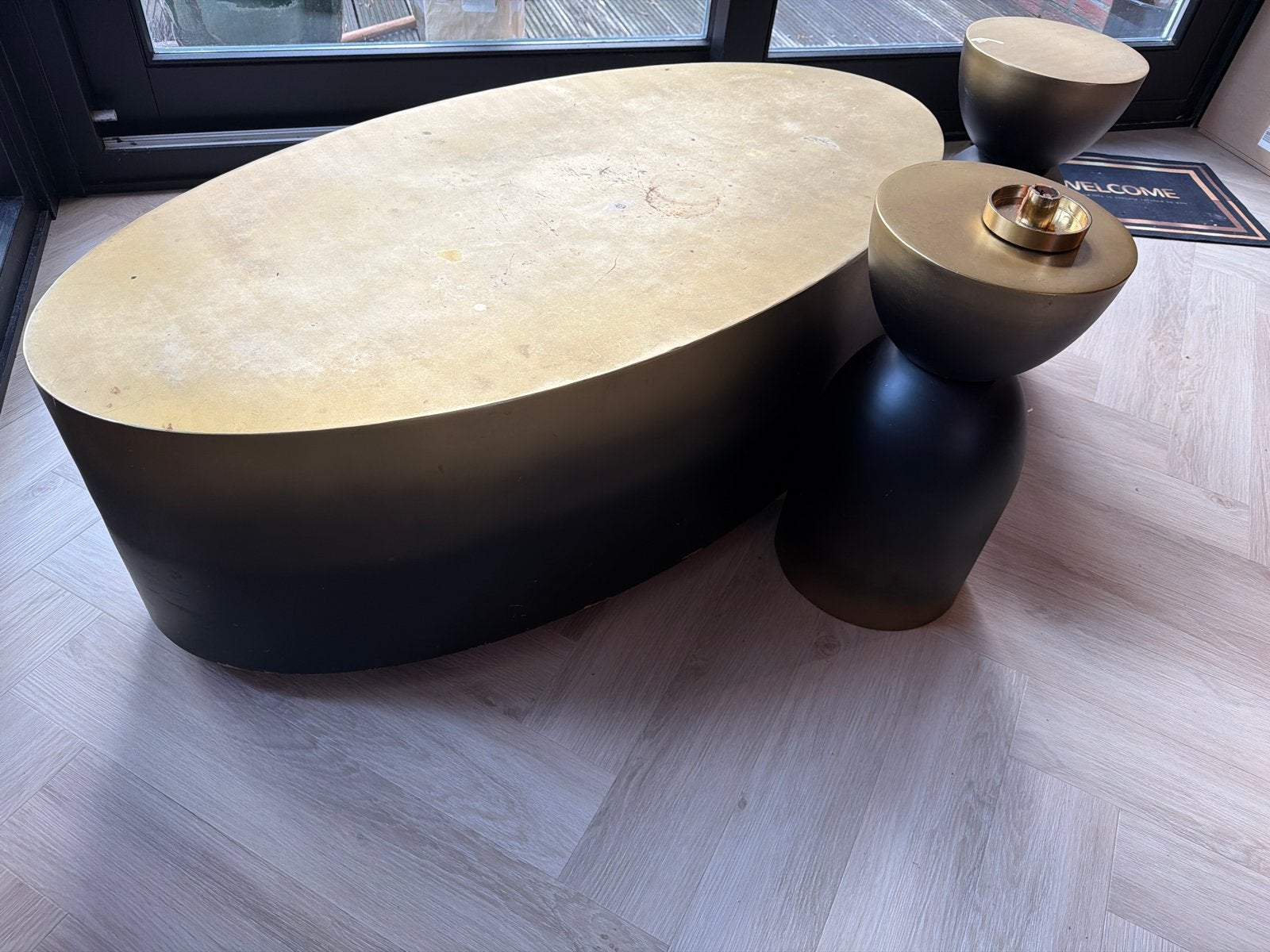 Stijlvolle ovale salontafel met bijpassende bijzettafels, Ophalen, Gebruikt, 100 tot 150 cm, 50 tot 100 cm