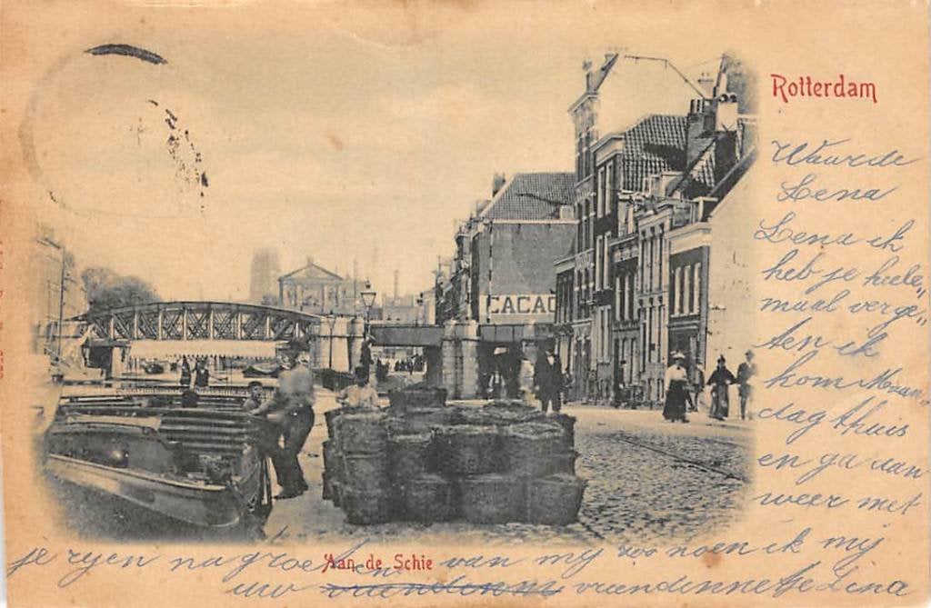 Rotterdam Aan de Schie Binnenvaart schepen 1901 Spoorbrug, Ophalen of Verzenden, Voor 1920, Gelopen, Zuid-Holland