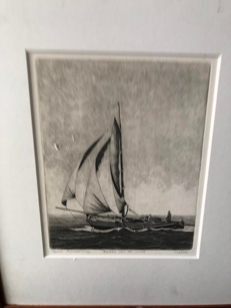 Botter voor de wind - Gesigneerde ets van Bout Rundberg, Dagelijks leven, Ophalen of Verzenden, Gesigneerd, 1950 - 1999