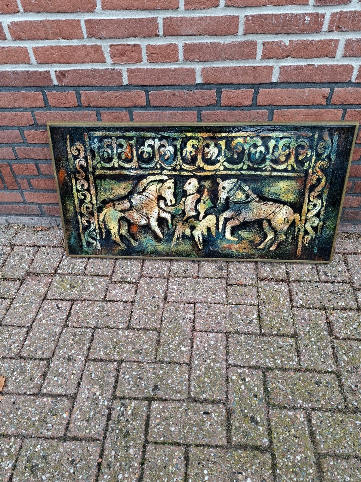 Uniek emaille  reclame bord met paarden en figure, Antiek en Kunst, Ophalen of Verzenden