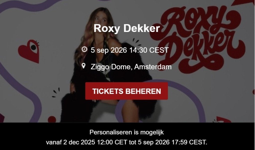 4 staplaatsen Roxy Dekker concert 5 sep, Ziggo Dome, Tickets en Kaartjes, Drie personen of meer, September