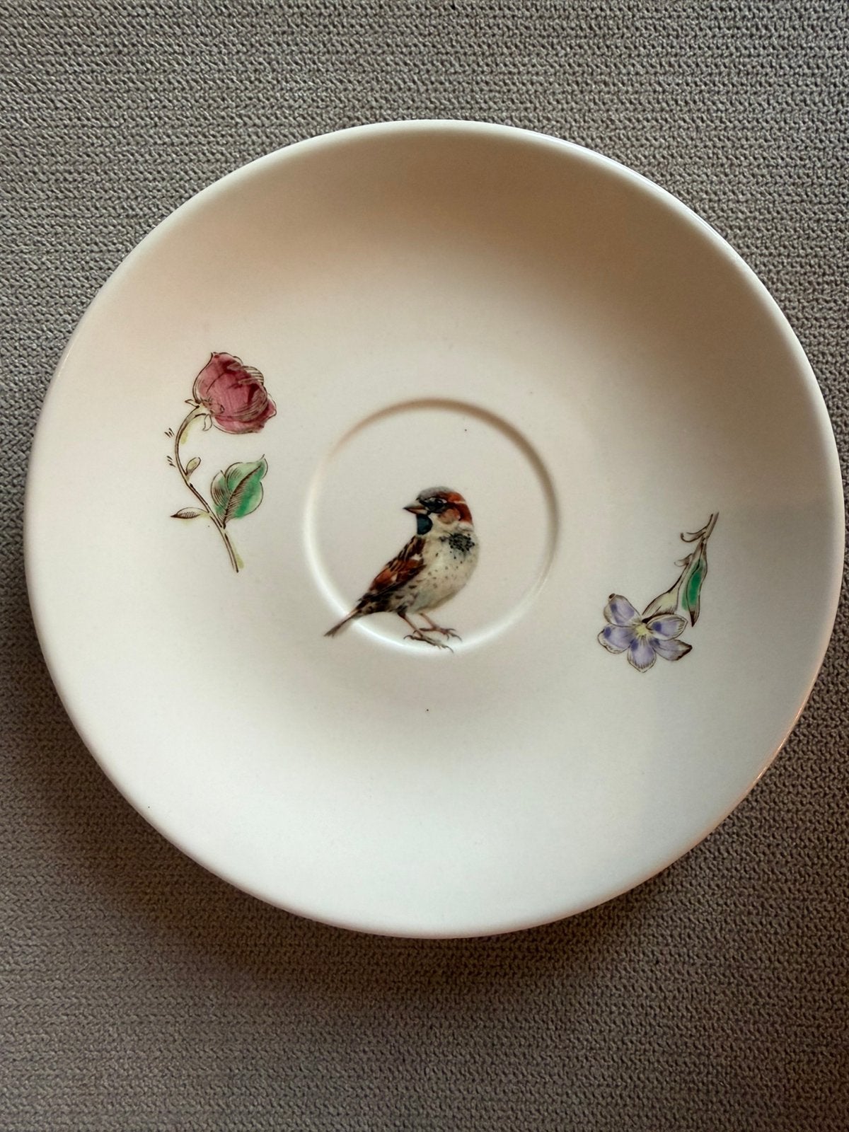 Vintage porseleinen bloemen bordje met afbeelding mus., Ophalen of Verzenden