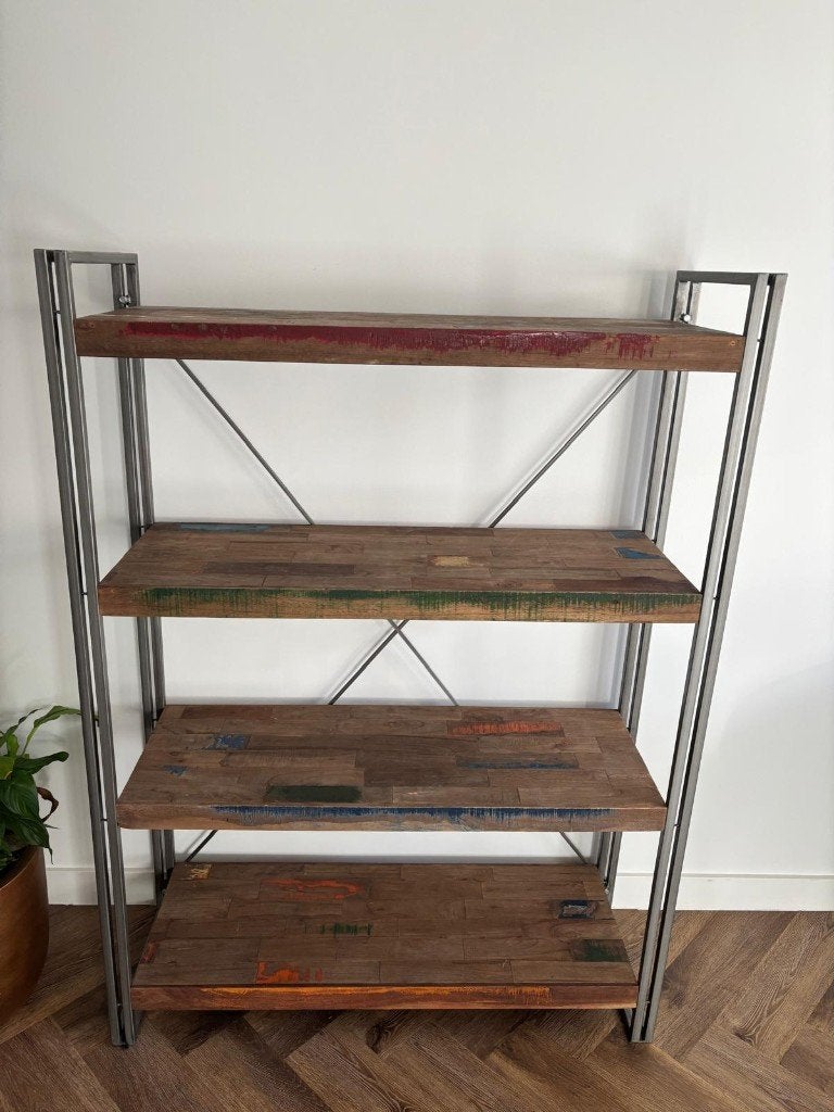 Industriële wand/boekenkast m Houten Planken - 164x120x40 cm, Met plank(en), Gebruikt, 100 tot 150 cm, 25 tot 50 cm