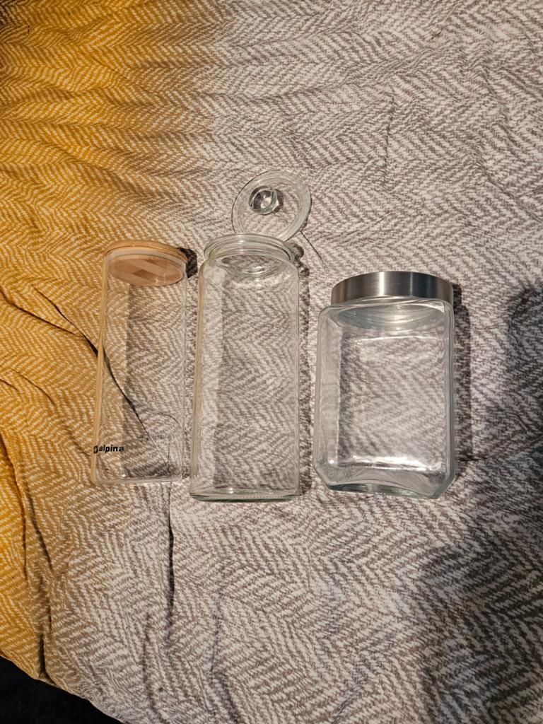 Set van 3 glazen voorraadpotten met verschillende deksels, Ophalen, Glas, Zo goed als nieuw, Voorraadpot