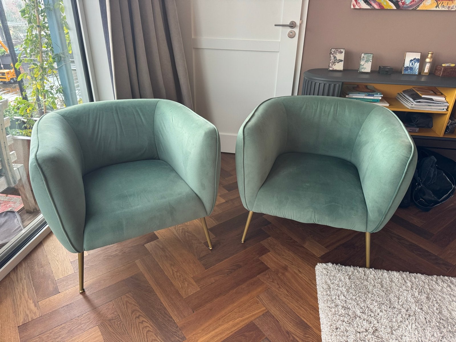 Twee WOODY fauteuils - Groen fluweel met gouden poten, Ophalen, Twee, Overige kleuren, Zo goed als nieuw