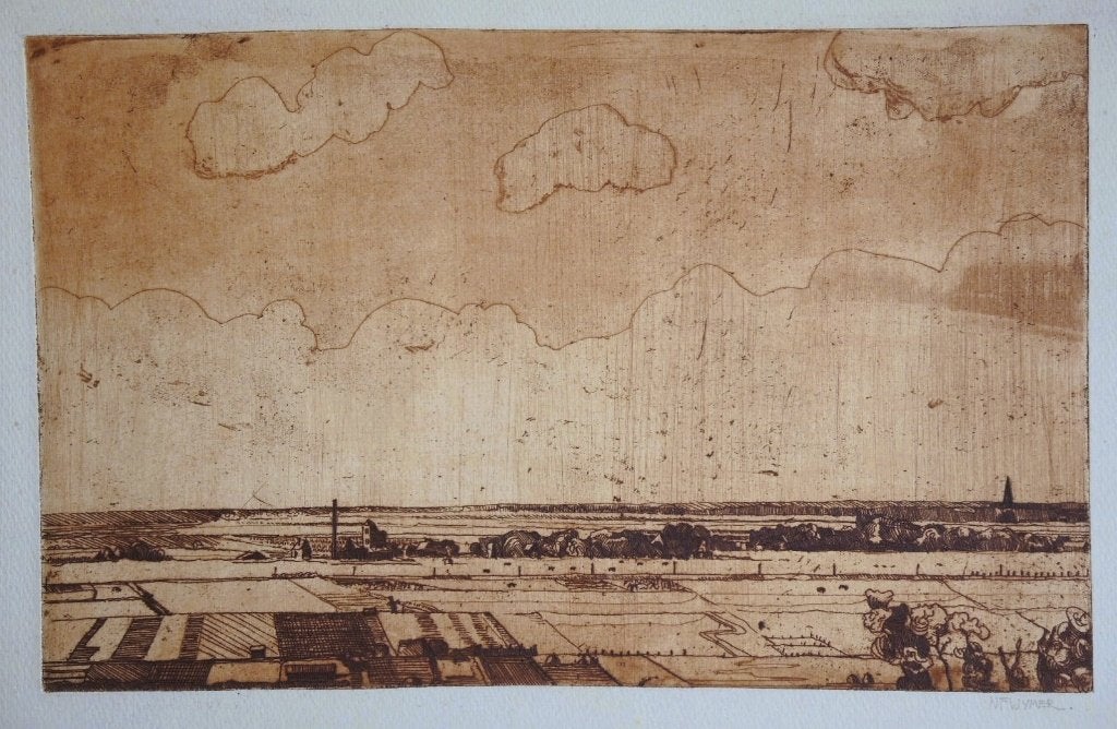 N. F. Wymer ets aquatint "Vlak Landschap", gesigneerd, Antiek en Kunst, Ophalen, Ets, Landschap, Origineel