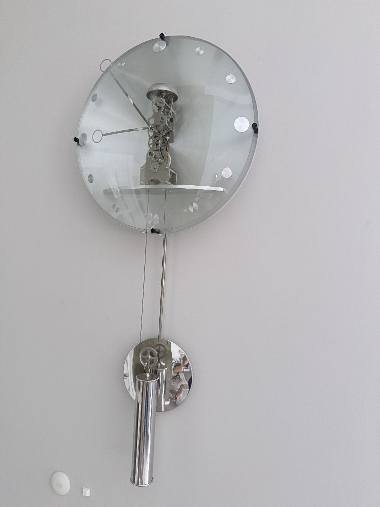 Wandklok Design glazen slingerklok – aluminium & glas 44 cm, Ophalen, Zo goed als nieuw, Analoog, Wandklok