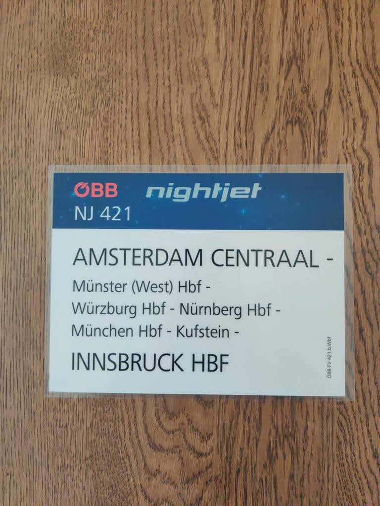 Nightjet 421 Koerbord Amsterdam - Innsbruck, Verzamelen, Spoorwegen en Tramwegen, Ophalen of Verzenden, Zo goed als nieuw, Trein