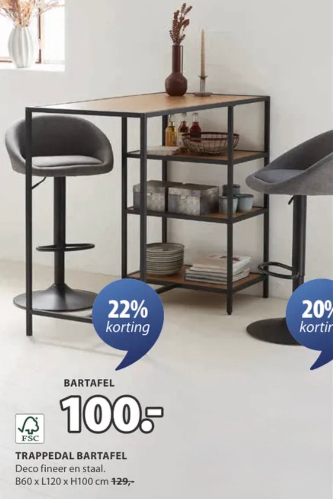 Jysk Trappedal Bartafel met opbergruimte - fineer en staal, Ophalen, 100 tot 150 cm, Tot twee personen, 50 tot 100 cm