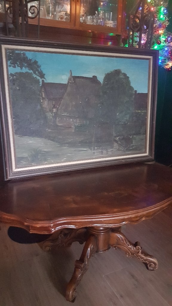 salontafel Met InlegwerkKlassiek/groot schilderij oplinnen ., Ophalen, 50 – 75, Gebruikt, Barok