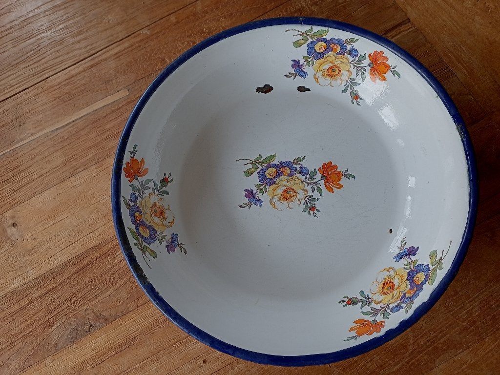 Brocante emaille witte schaal met bloemen/blauwe rand, Ophalen of Verzenden