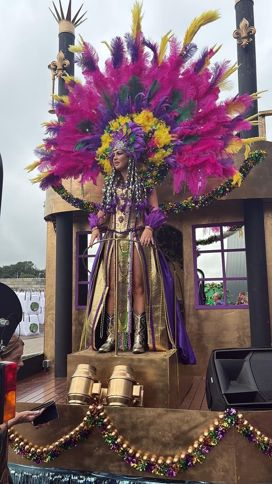Carnavalskostuum met veren en gouden accenten, Maat 38/40 (M), Carnaval, Ophalen of Verzenden, Zo goed als nieuw