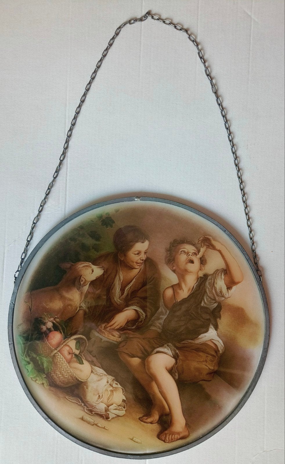 Murillo glas in lood schilderij met kinderen en hond, Brandschildering, Portret of Personen, Overige ondergronden, Achter glas