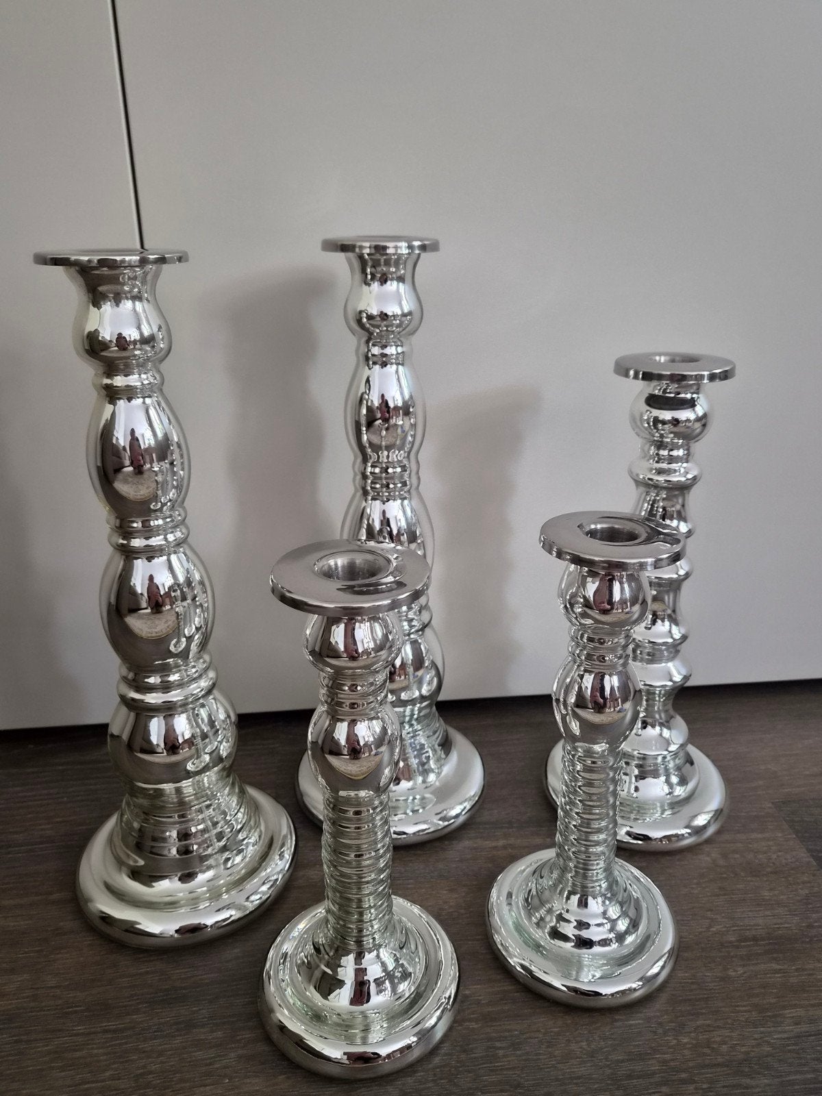 Set van 5 zilverkleurige kandelaars (glas), Ophalen, Gebruikt, Overige merken, Metaal