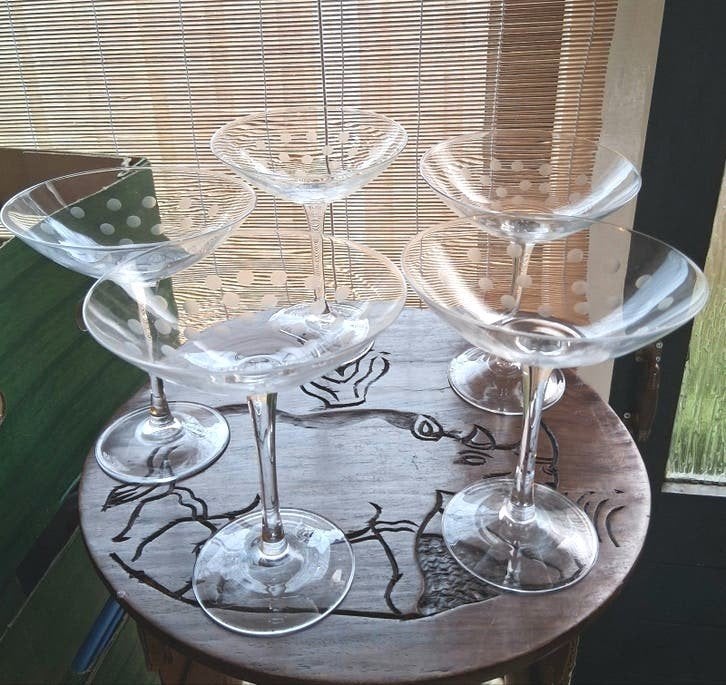 Vintage Ikea Skir Martini Coupe. Set van 5 geëtste glazen., Ophalen of Verzenden