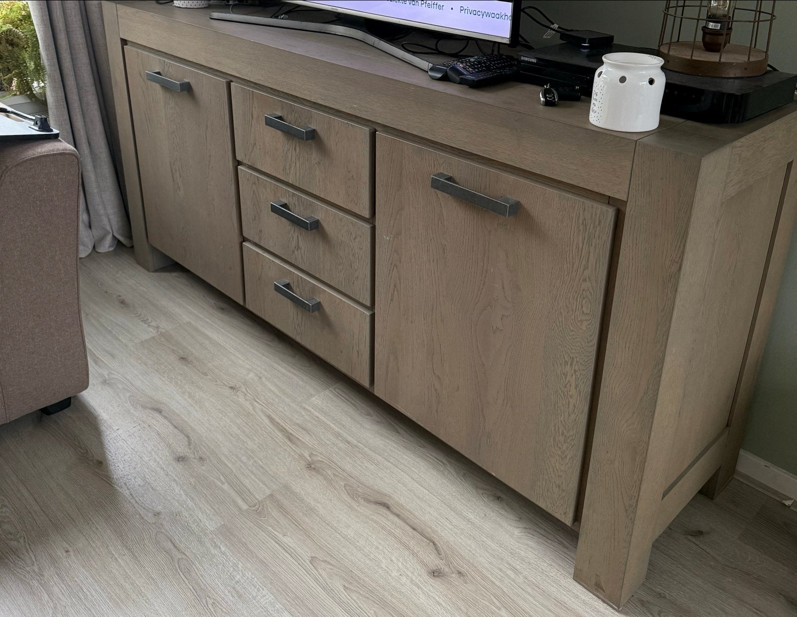 Bruin/grijs kast 190x50x90, Ophalen, Gebruikt, 150 tot 200 cm, Met lade(s)