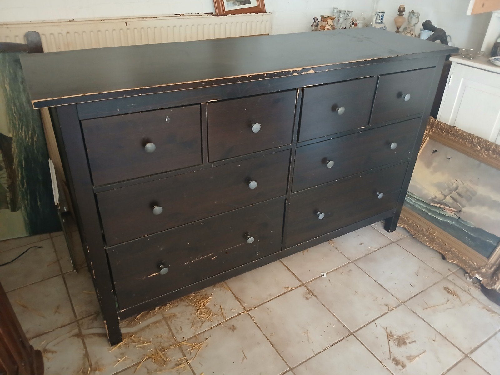 Vintage Zwarte Ladekast - 8 Lades, Huis en Inrichting, Ophalen, Gebruikt, 150 tot 200 cm, Vintage