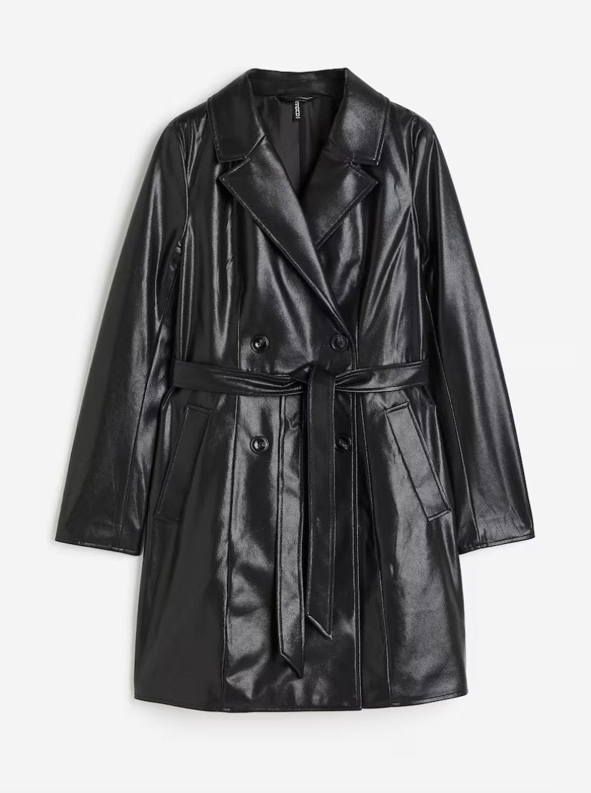 Zwarte XL Lederlook Trenchcoat - 20 euro van H&M, Ophalen of Verzenden, Zo goed als nieuw, Maat 46/48 (XL) of groter, Zwart