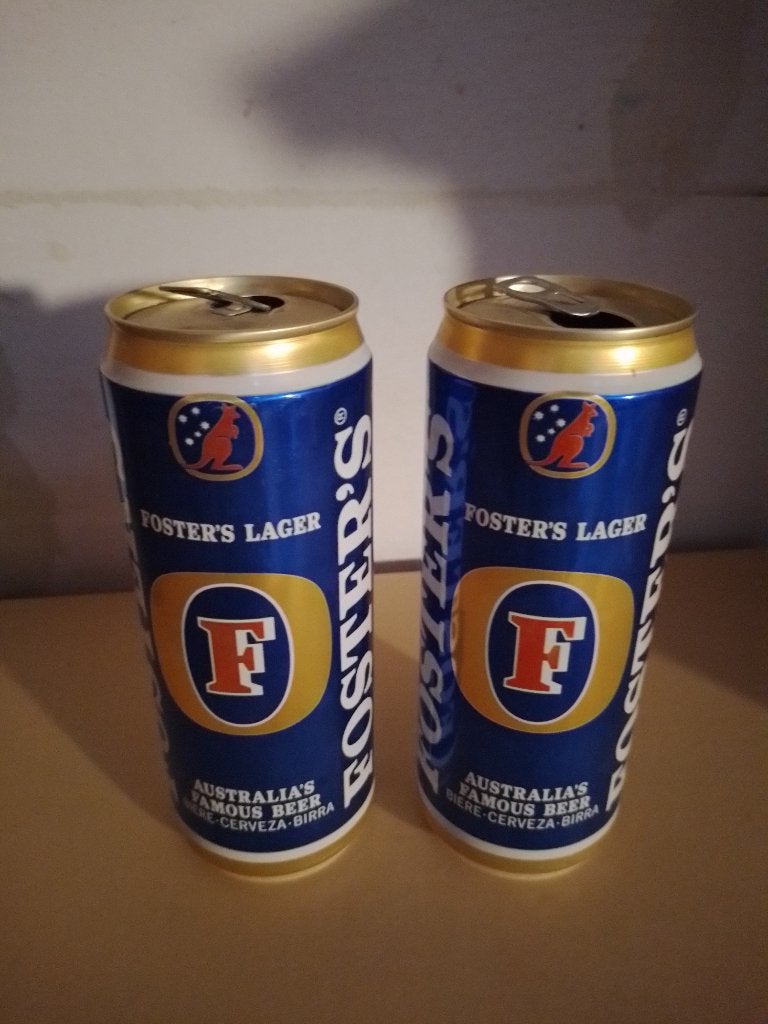 2 lege oude Foster's blikken, Verzamelen, Ophalen of Verzenden, Gebruikt, Overige typen, Overige merken