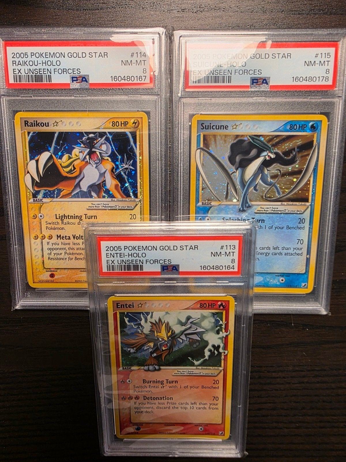 PSA 8 NM/MINT Raikou Suicune Entei Gold Star Pokemon 2005 Ex, Ophalen of Verzenden, Nieuw, Meerdere kaarten