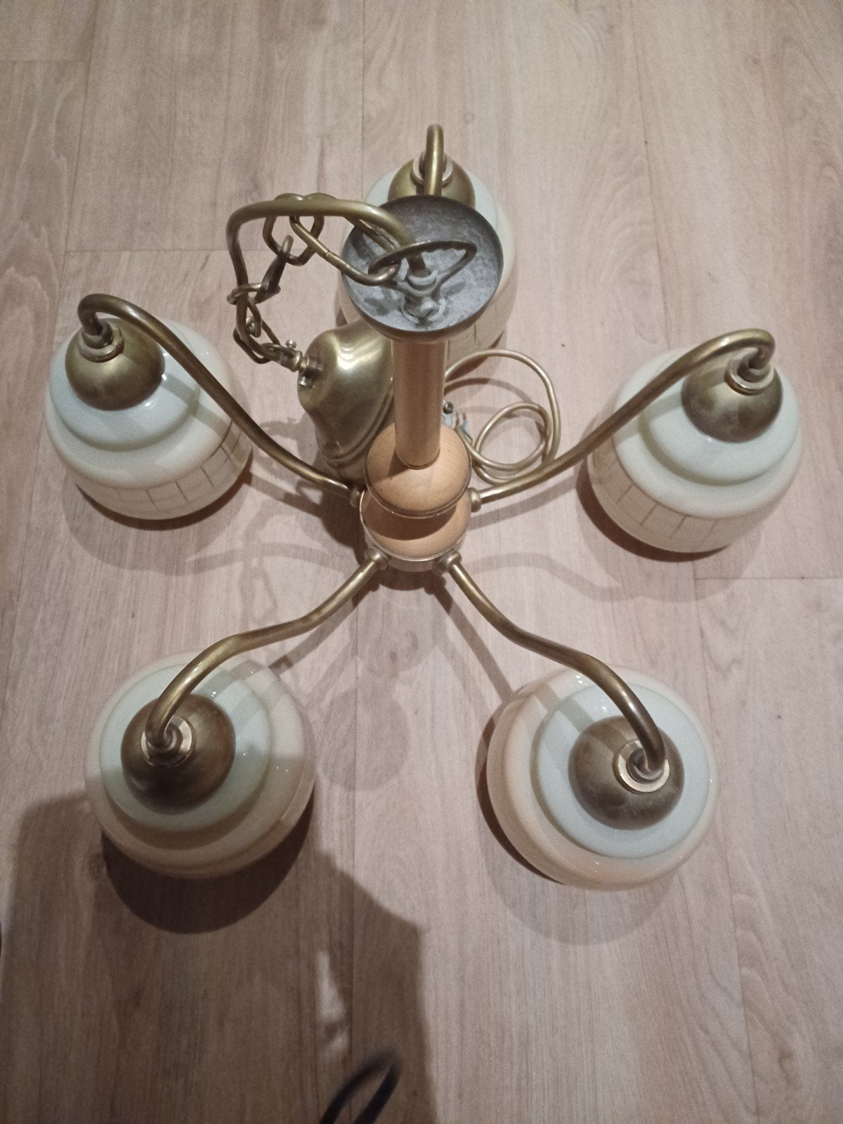 Vintage Plafondlamp met 5 Armen en Glazen Kappen, Gebruikt, E14 (klein), Glas, Vintage, Retro