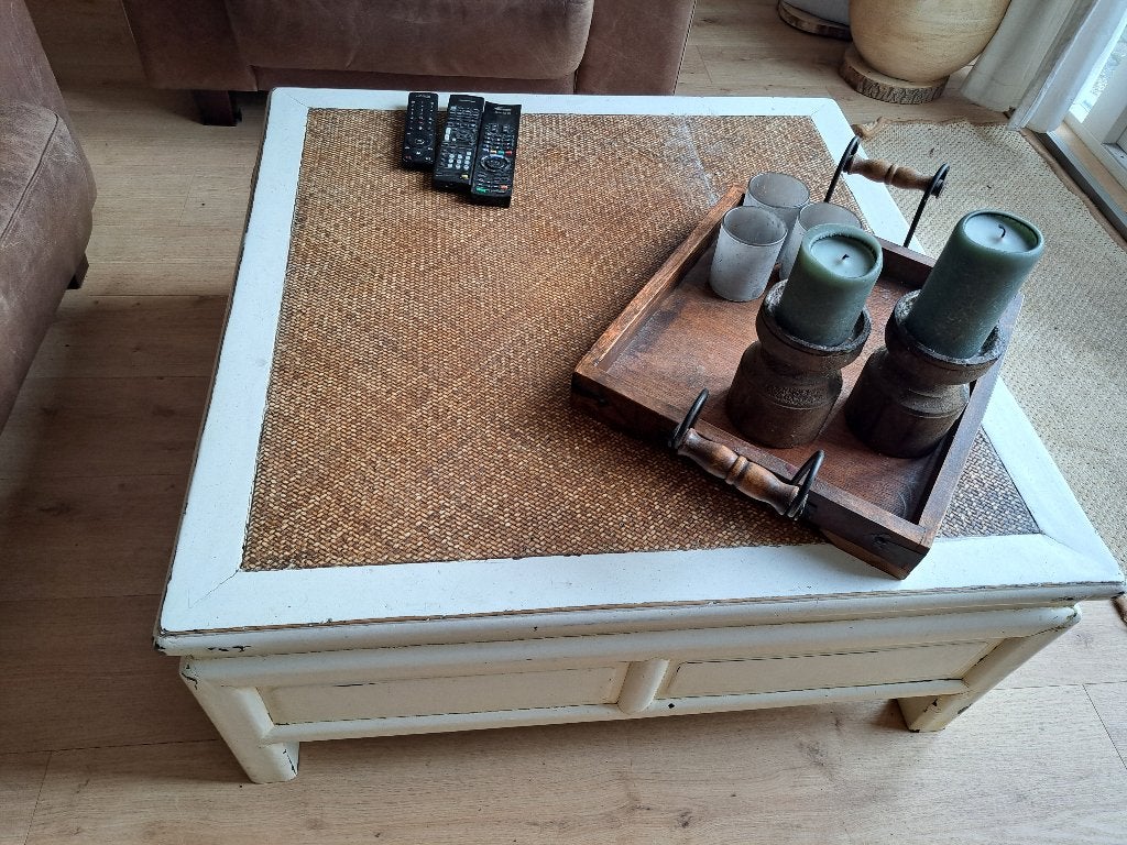 Vintage Salontafel met rieten blad, Ophalen, 50 tot 100 cm, Vierkant, 50 tot 100 cm