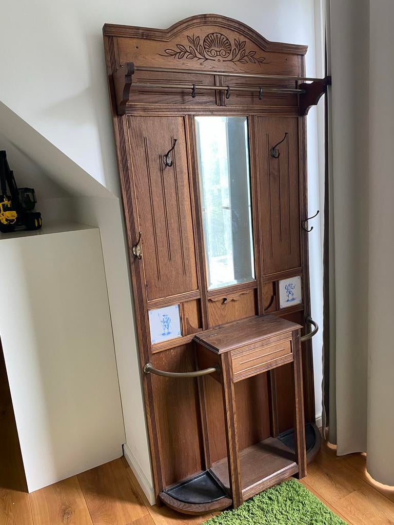 Antieke houten kapstok met spiegel en tegeltjes, Gebruikt, 200 cm of meer, Hout, Ophalen