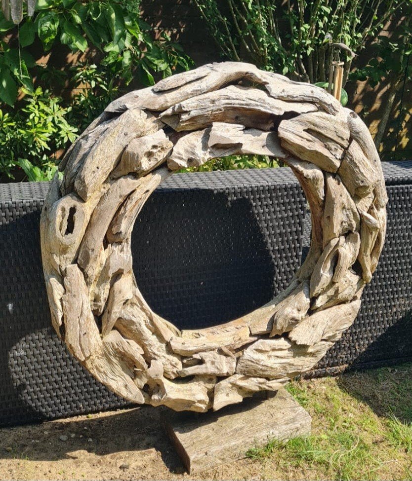 Houten tuindecoratie van hardhout drifthout op voet, Tuin en Terras, Ophalen of Verzenden, Gebruikt
