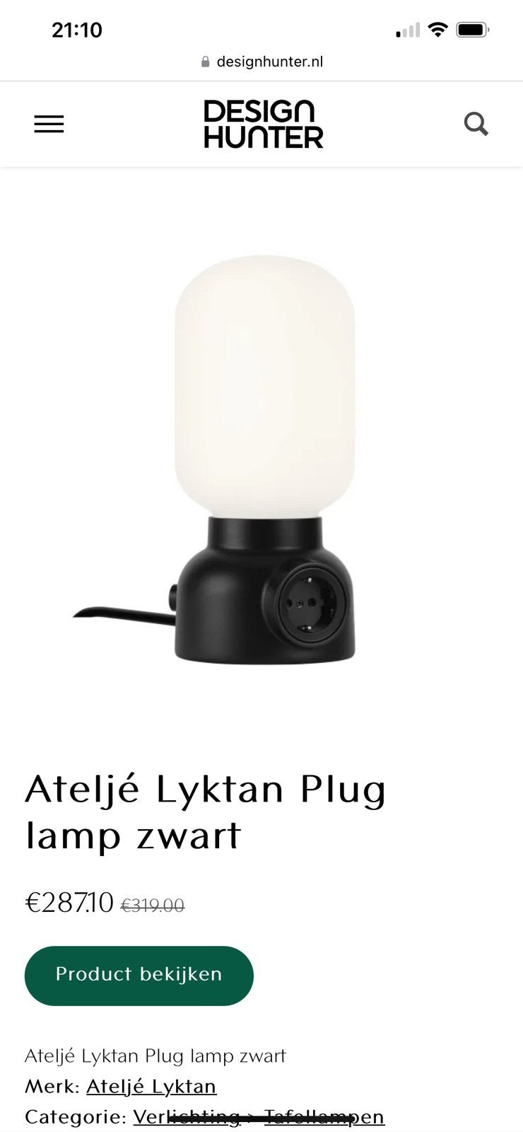 Ateljé Lyktan Plug lamp zwart, Zwart, Ophalen of Verzenden, Zo goed als nieuw