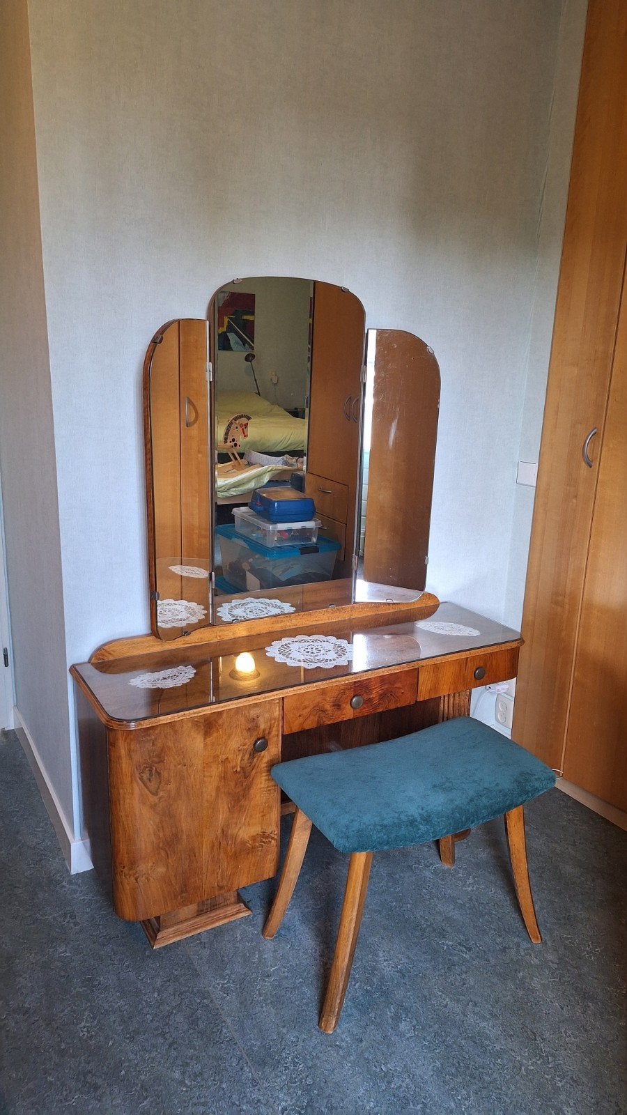 Vintage kaptafel met spiegel en krukje, Ophalen, Gebruikt, 100 tot 150 cm, 100 tot 150 cm