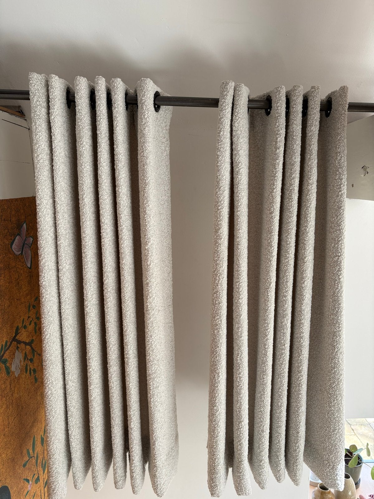 Licht gekleurde gordijnen met ringen - 2 stuks, Ophalen, Met ringen, Beige, 166 cm