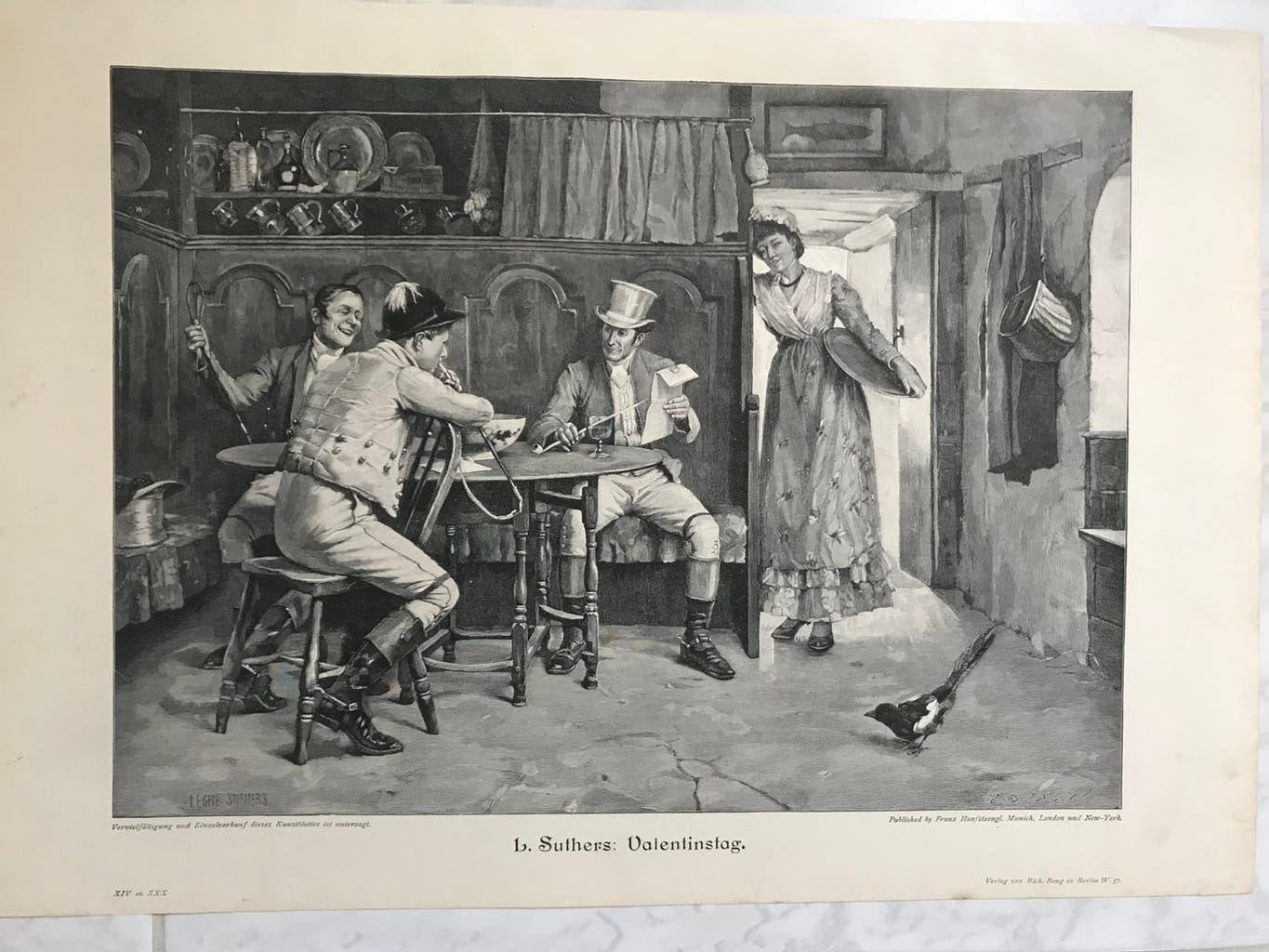 L. Suthers: Valentinsdag, 1896, or. gravure, 32x23cm. Mooi!, Dagelijks leven, 1800 - 1899, Ophalen of Verzenden, 32 cm