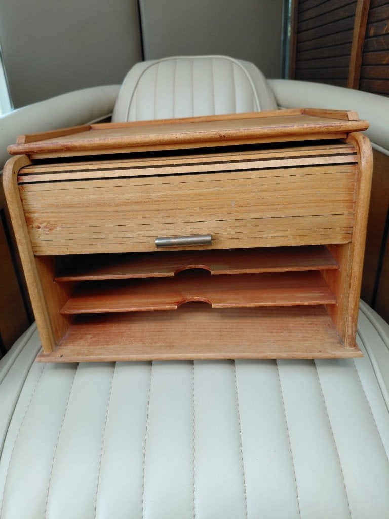 Vintage houten rolluikkastje - bureau/brievenbak- postkastje, Antiek en Kunst, Ophalen of Verzenden