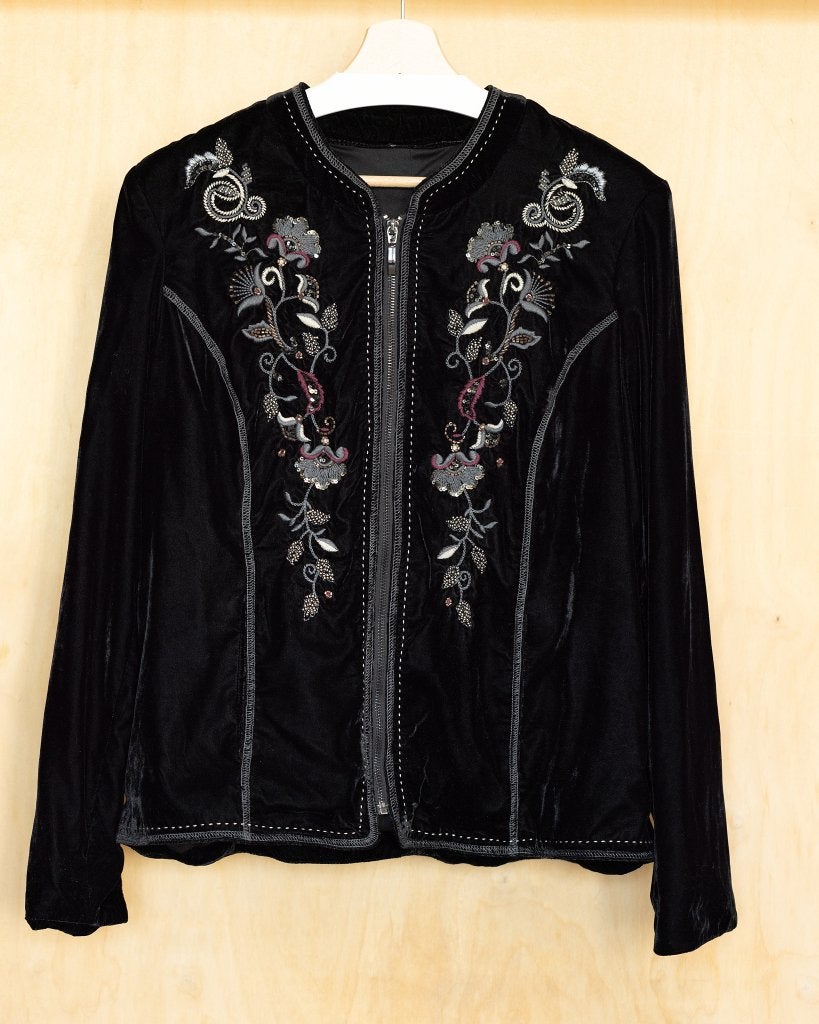 Zwart velours fluwelen jasje met geborduurde bloemen L 42, Kleding | Dames, Zwart, Maat 42/44 (L), Ophalen of Verzenden, Zo goed als nieuw
