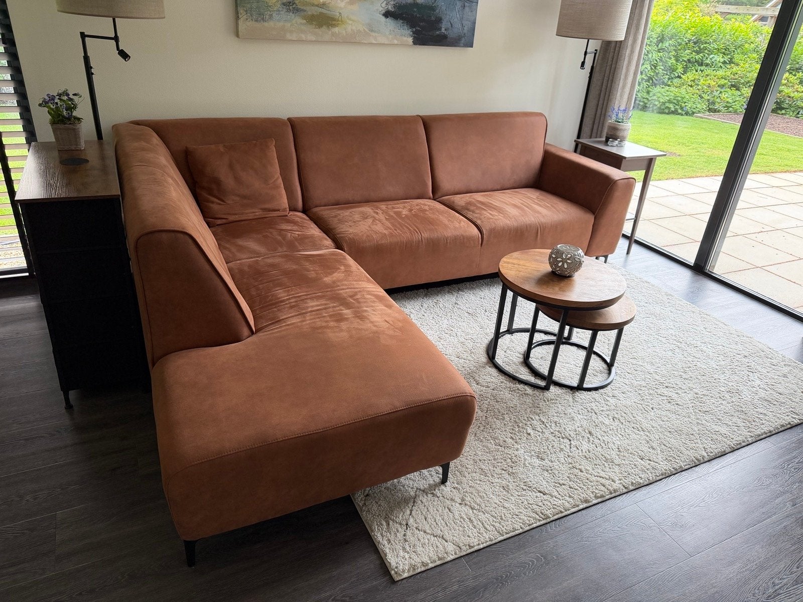 Comfortabele hoekbank in bruin stof - Zo goed als nieuw, Ophalen, 250 tot 300 cm, 100 tot 125 cm, Hoekbank