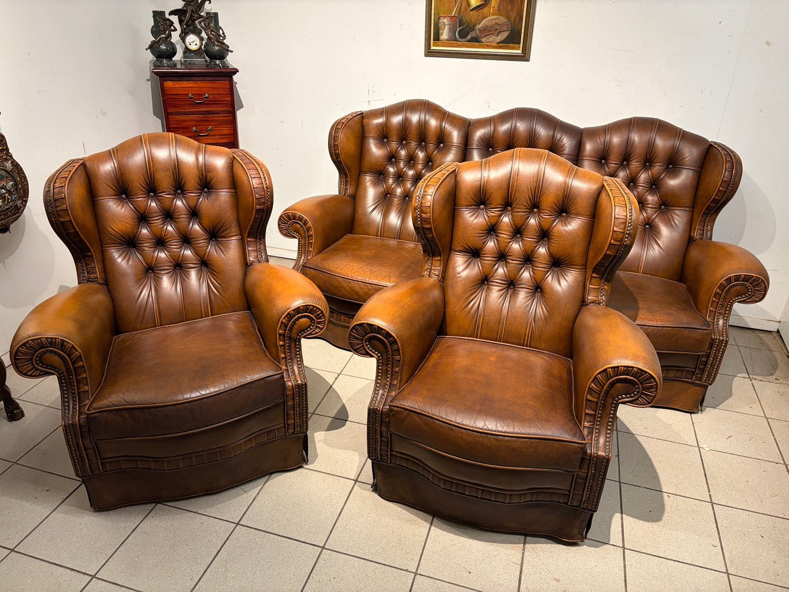 Chesterfield bankstel: bank en 2 fauteuils in bruin leer, Ophalen