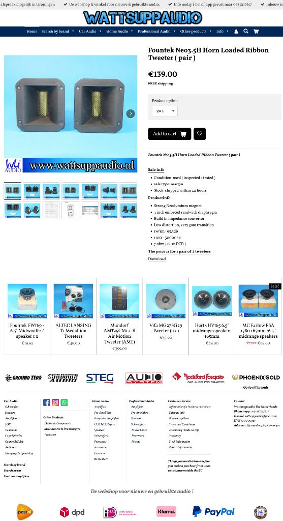 Fountek Neo3.5H Horn Loaded Ribbon Tweeter ( set van 2), Gebruikt, ., Ophalen of Verzenden, .
