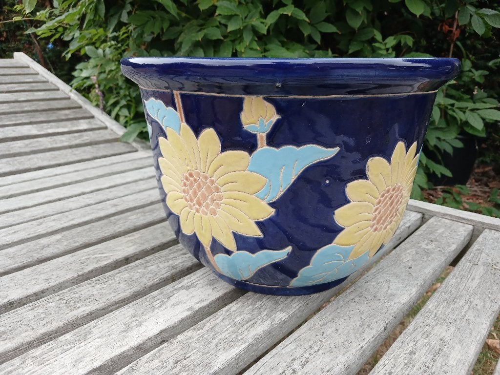 Vintage bloempot kobalt blauw met zonnebloemen Ø 30cm, Rond, Ophalen of Verzenden, Aardewerk, Minder dan 40 cm
