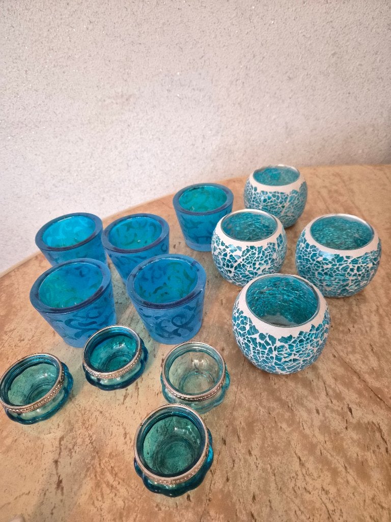 Blauwe waxinelicht houders 7cm hoog, Gebruikt, Blauw, Waxinelichthouder, Ophalen of Verzenden