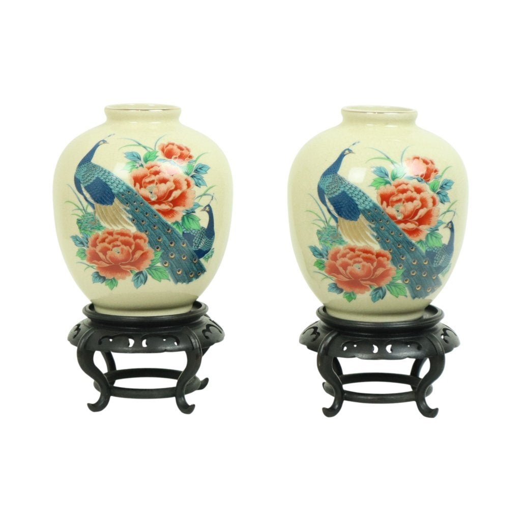 Koppel Japanse Vazen Pauwen Bloemen Craquelé Keramiek 26cm, Ophalen of Verzenden