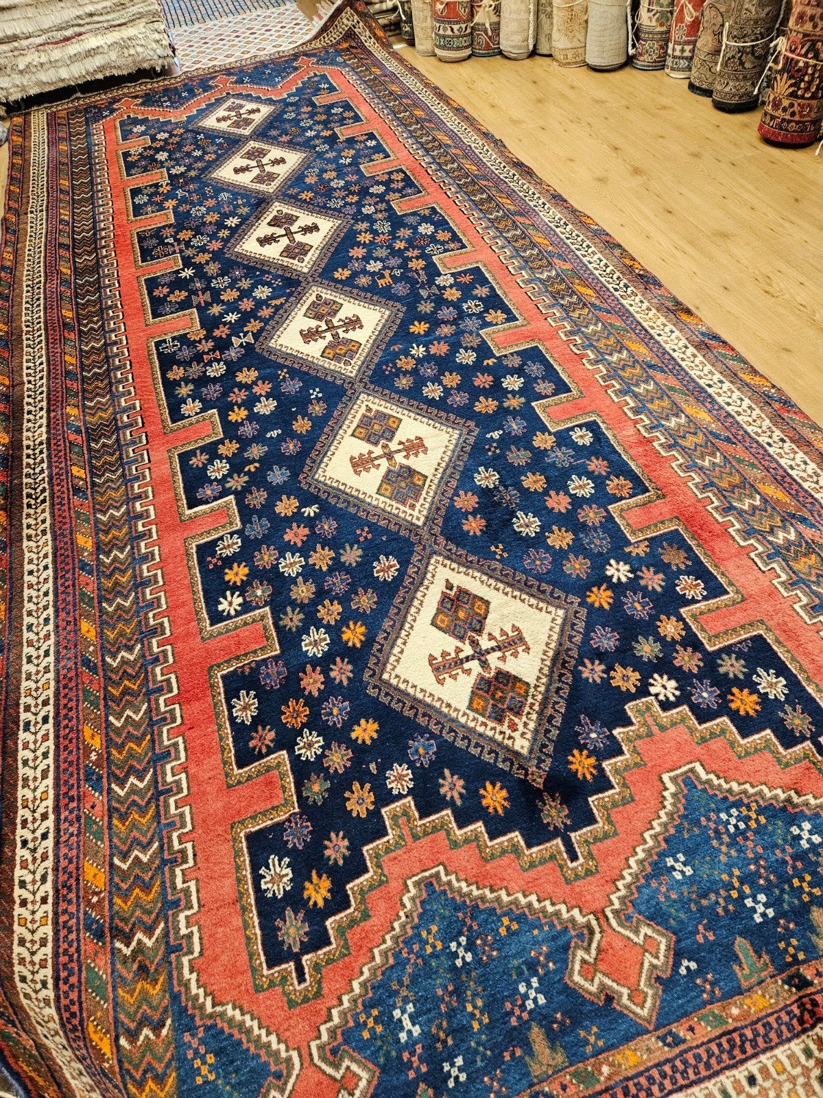 Vintage handgeknoopt perzisch tapijt afshar 496x207, Info@SlatsAntiek.nl, Tweedehands, Perzisch, 200 cm of meer
