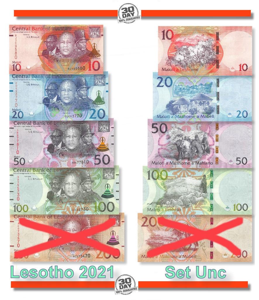 Lesotho set 10-20-50-100 Maloti 2021 Unc, Ophalen of Verzenden, Overige landen, Setje