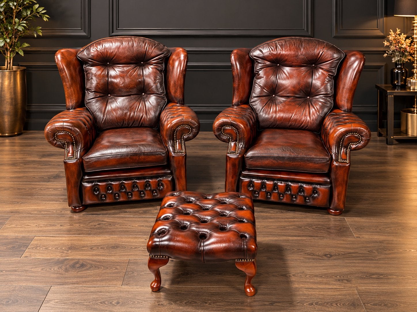 Orginele  Springvale Chesterfield Lederen Fauteuils + Hocker, Ophalen of Verzenden, Zo goed als nieuw, 75 tot 100 cm