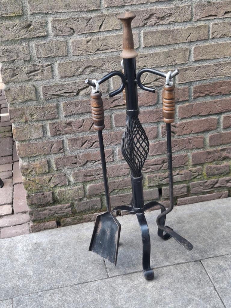 Antieke 3-delige haardset met standaard, Antiek en Kunst, Ophalen of Verzenden