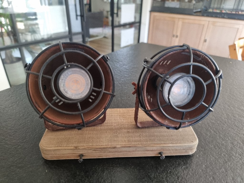 Industriële plafondlampen 2x, Ophalen, Zo goed als nieuw, Hout