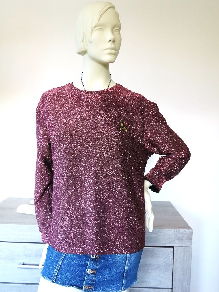 H&M Glinsterend Bordeuaxrood/Aubergine Truitje met Bij  S, H&M, Paars, Ophalen of Verzenden, Zo goed als nieuw
